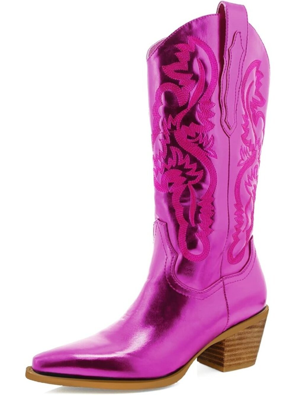 Women's Fuchsia Rubber Metallic Embroidered Mid-Calf Knee High Cowgirl Boots